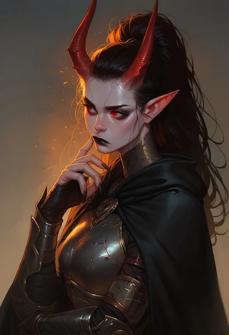 score_9, score_8_up, score_7_up, outdoors, rimlight, solo, 1girl, demon girl, horns, black hair, ponytail, black lipstick, pale skin, grey skin, pointy ears, red eyes, red nose, long nails, black nails, black cape, armor, slim fit, looking away, closed mouth,
