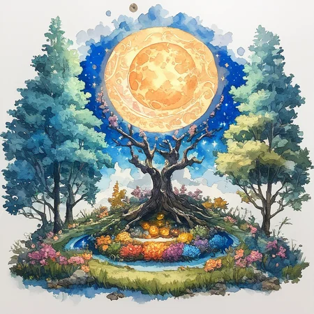 Score_9, score_8_up, score_7_up, score_6_up, <lora:WatercolorPony2_r1:1> ArsMJStyle, watercolor mystical runes, A watercolor painting of a circle of trees and planets., no humans, tree, flower, moon, sky, star (sky), fruit, traditional media, scenery, painting (medium), crescent moon, white background, simple background, food, night, grass, (intense)