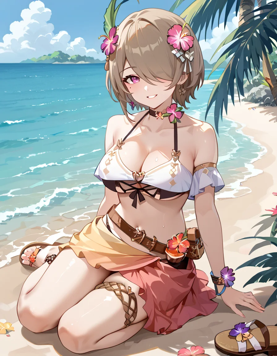 (masterpiece), (best quality), (ultra-detailed), masterpiece, source_anime, score_9, score_8_up, score_7_up BREAK, illustration, disheveled hair, detailed eyes, perfect composition, intricate details, moist skin BREAK, rita rossweisse, brown hair, purple eyes, hair over one eye, mole, mole under eye, short hair, large breast BREAK, SandyLeisureInTwilight, SLT_short_shorts, SLT_sarong, SLT_thigh_strap, gradient sarong, SLT_belt, SLT_hair_flower, choker, halter, SLT_bikini,beach,smile,sandals,looking at viewer,full body, sitting, wariza