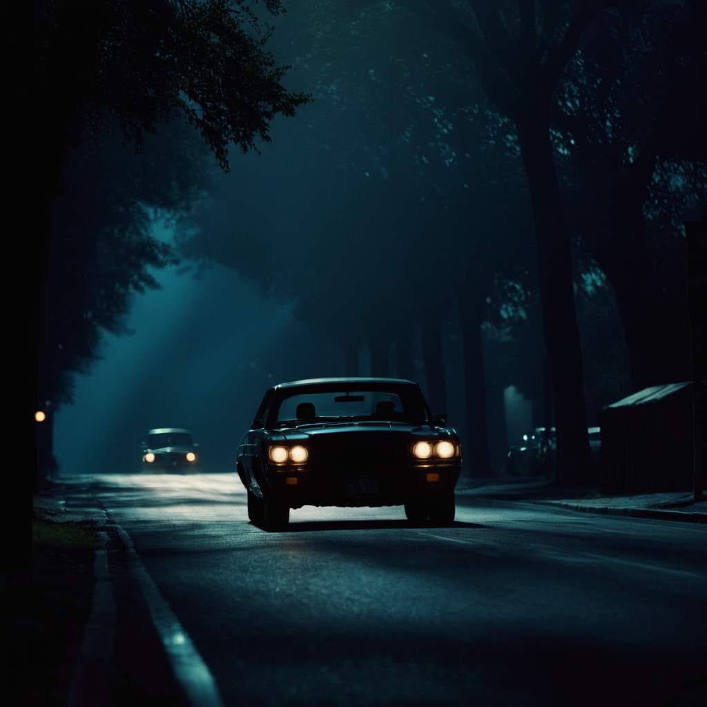 cinematic film still of  <lora:Chiaroscuro Lighting Style:1>
dramatic, cinematic, shadow, partially covered in shadow, a car driving down a street at night Chiaroscuro Lighting Style, outdoors, sky, tree, no humans, night, ground vehicle, night sky, scenery, motor vehicle, car, road, dark, lamppost, street, shallow depth of field, vignette, highly detailed, high budget, bokeh, cinemascope, moody, epic, gorgeous, film grain, grainy