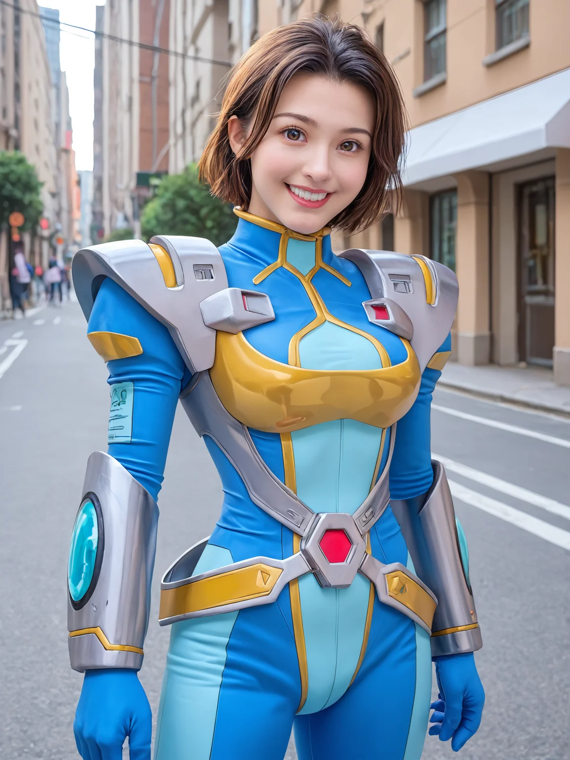 score_9, score_8_up, score_7_up, <lora:offset_0.2:0.1>, <lora:spo_sdxl_10ep_4k-data_lora_webui:1>, BREAK,
1girl, solo, photorealistic, BREAK,
srwbluepilotsuit, blue bodysuit, pauldrons, wrist guards, metal belt, grey armor, <lora:Pilot_suit__Super_Robot_Wars:1>, BREAK,
smile, looking at viewer, BREAK,
outdoors, city, street