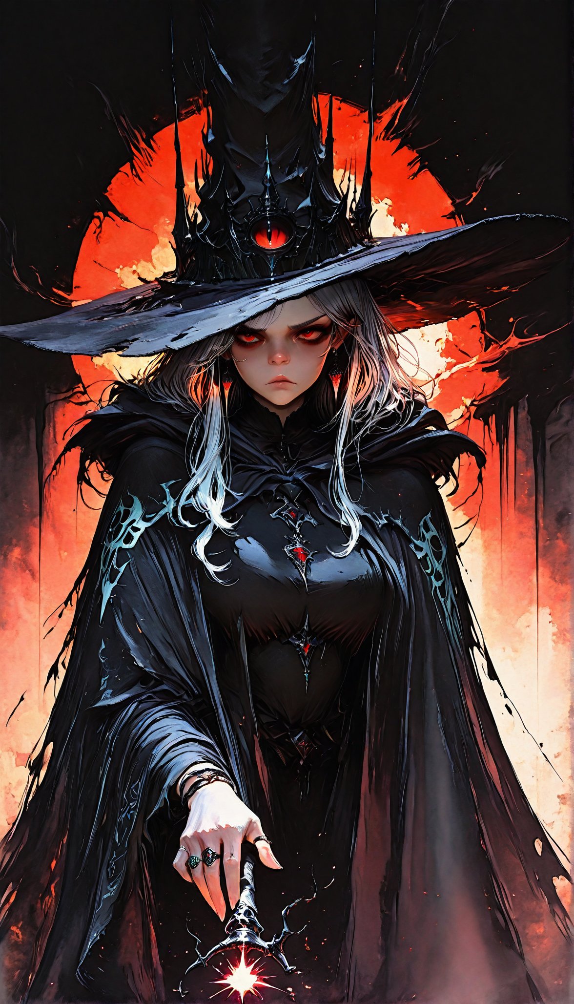 masterpiece, best quality, ultra detailed, amazing quality, very aesthetic, newest, (high res, 8k:1.2)
1Wizard, solo, magic wand, Waving a wand,
gray hair, Red eyes, Big hat, big earrings, cloak, Ring, 
Sulky, frowning, looking at viewer
<lora:noobai_vpred_1_masterpieces_v1:0.5>  <lora:ppw_v7_Illuv1.0_1_r2:0.6>
BREAK
Fantasy illustration, 
<lora:Dark_Ghibli:0.9> Studio Ghibli Dark Fairytale
<lora:DRKWB:0.8> DRKWB
<lora:Face_Enhancer_Illustrious:1>