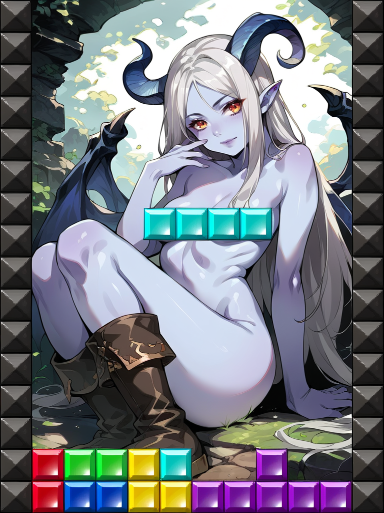 score_9,score_8_up,score_7_up,source_anime,rating_questionable,detailed face,higres illustration,1girl,<lora:tetris_censoring:1>,tetris,convenient censoring,boots,fantasy,demon girl,blue skin,silver hair,