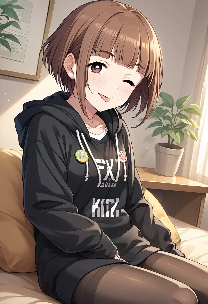 score_9, score_8_up, score_7_up, source_anime, kitami yuzu, short hair, brown hair, brown eyes, one eye closed, 1girl, tongue, tongue out, pantyhose, ;p, hood, solo, button badge, hoodie, sitting, :p