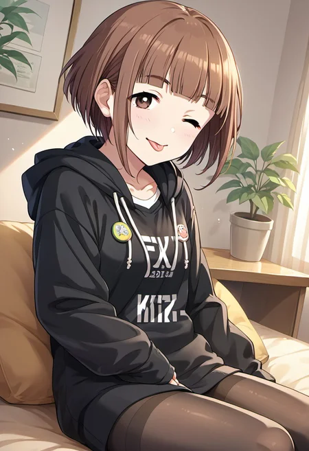 score_9, score_8_up, score_7_up, source_anime, kitami yuzu, short hair, brown hair, brown eyes, one eye closed, 1girl, tongue, tongue out, pantyhose, ;p, hood, solo, button badge, hoodie, sitting, :p