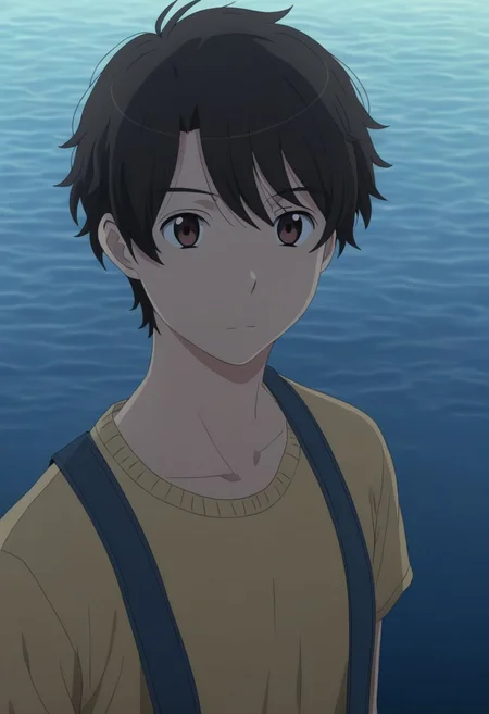 high resolution, solo, best quality, 1Boy, Inaho Kaizuka, Black Hair, Brown Eyes, swimming, natural lake, clear water, shirtless, shorts, sixpack, twilight, OverallDetail