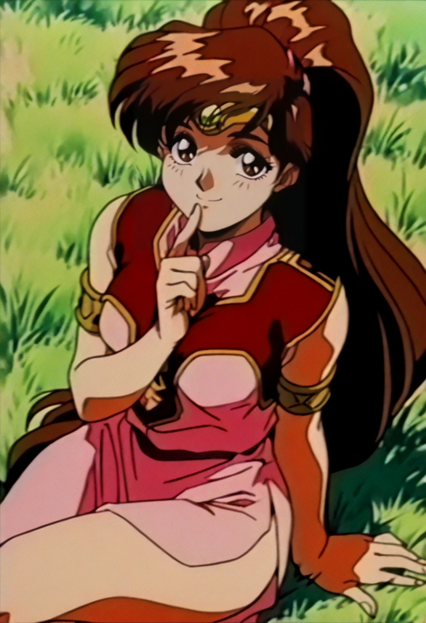 masterpiece, best quality, solo, looking at viewer, 1girl, smile, <lora:FeOVA_GLoRA-illus_Fp:1>, retro artstyle, <lora:Linde-illus_Fp:1>, lindefe1, brown hair, brown eyes, ponytail, circlet, pink dress, armlet, side slit, very long hair, outdoors, sitting, crossed legs, finger to mouth, grass,