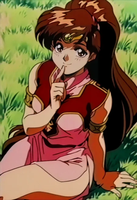 masterpiece, best quality, solo, looking at viewer, 1girl, smile, <lora:FeOVA_GLoRA-illus_Fp:1>, retro artstyle, <lora:Linde-illus_Fp:1>, lindefe1, brown hair, brown eyes, ponytail, circlet, pink dress, armlet, side slit, very long hair, outdoors, sitting, crossed legs, finger to mouth, grass,