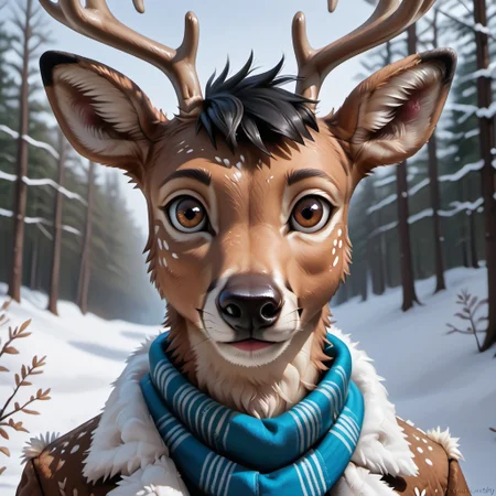 anthro, male deer, tufted fur, tufted ears, cheast tuft, fluffy tail, detailed fur, black hair, deer antlers, brown fur, brown eyes, detailed face, nature, fur coat, winter, modren city, scarf, solo, close-up,