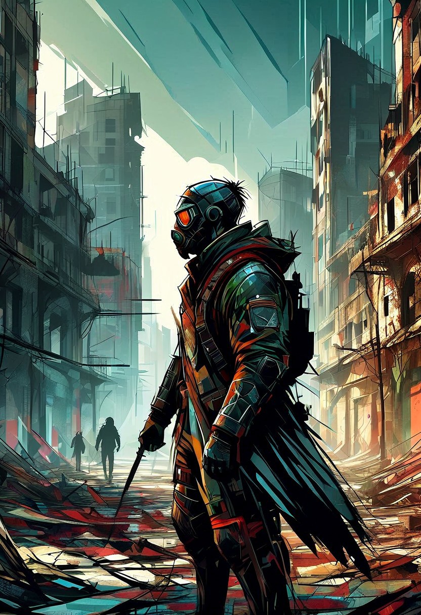 A rugged post-apocalyptic survivor in scavenged armor and a gas mask stands amidst the ruins of a devastated city. Abandoned vehicles, crumbling buildings, haze, extreme close-up, portrait, desolate atmosphere.
