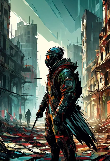 A rugged post-apocalyptic survivor in scavenged armor and a gas mask stands amidst the ruins of a devastated city. Abandoned vehicles, crumbling buildings, haze, extreme close-up, portrait, desolate atmosphere.