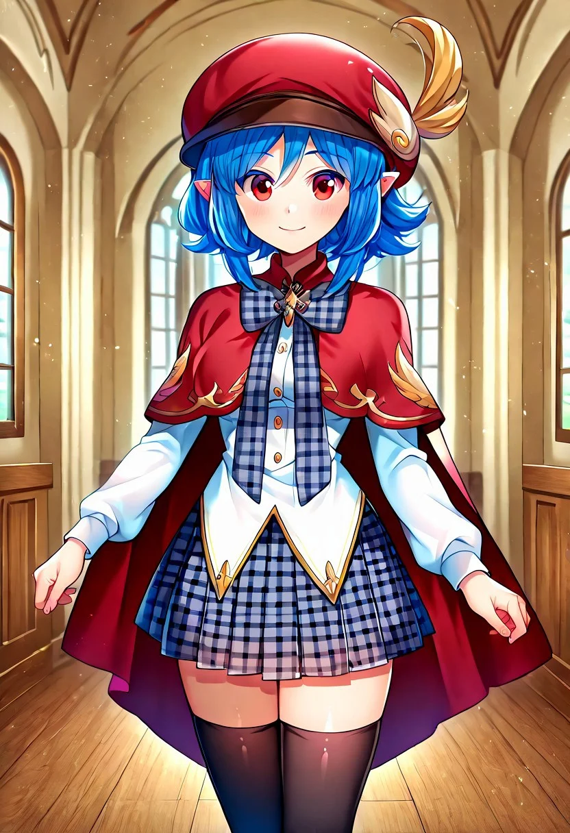 anime screencap, masterpiece, highres, best quality, 4k, very aesthetic, leaflit mitsuha, leaflit \(fae\), blue hair, red eyes, short hair, hair between eyes, sidelocks, humanization, pointy ears, cabbie hat, grey bow, long sleeves, puffy sleeves, red cape, red hat, white shirt, wing symbol, feather on hat, plaid clothes, plaid bow, plaid skirt, pleated skirt, black thighhighs, 1girl, solo, solo focus, eye focus, closed mouth, smile, front view, facing viewer, female only, standing, pose, looking at viewer, indoors, dramatic lighting