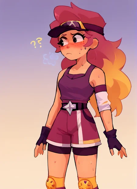 score_9, score_8_up, score_7_up, <lora:boamber:1>boamber ,1 girl , multicolored hair, long hair ,purple tank top, belt, yellow knee pads, shorts , skirt, shorts under skirt, visor cap, pink headwear, fingerless gloves, , confused, white Arm band, ??? ,sweat, blush, <lora:SyrupyyyArt:1>syrupyyy