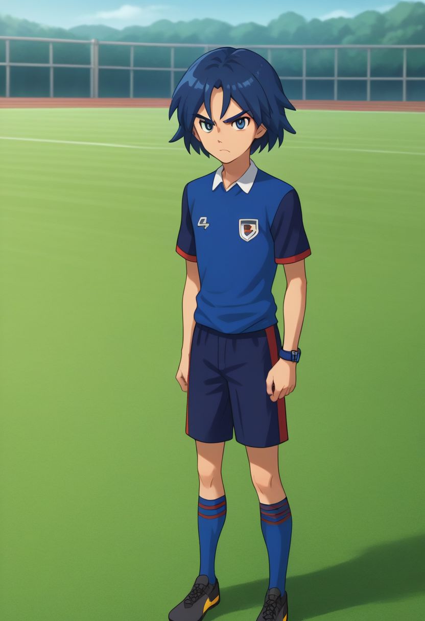 score_9, score_8_up, source_anime, highly detailed, 1boy, solo, male_focus, slender, skinny,
hikaru, solo, soccer uniform, 1boy, male focus, blue hair, sportswear, standing, socks, blue eyes, frown, upper body,
outdoor,