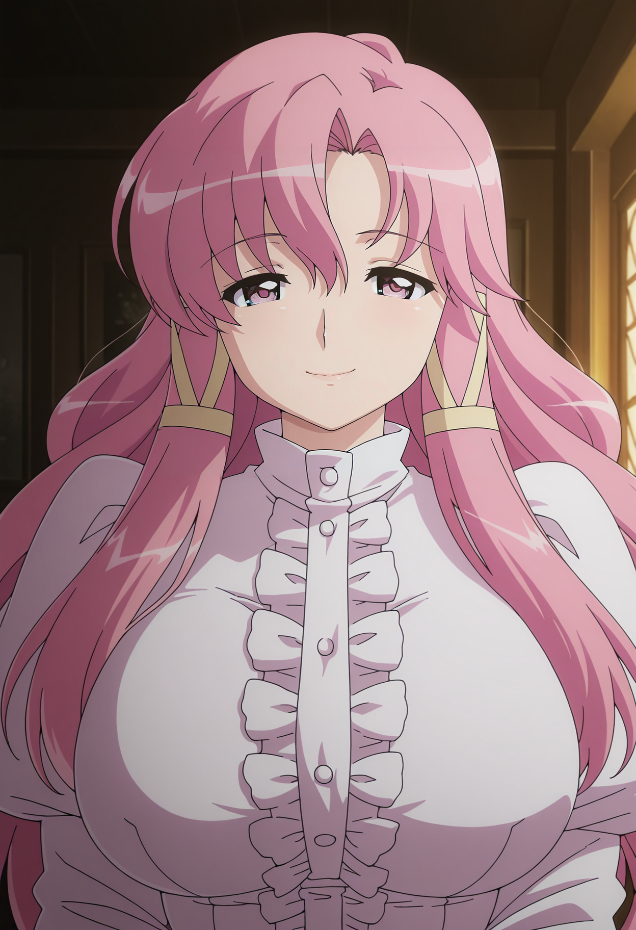 1girl,solo,Cattleya,mature female,pink hair,long hair,pink eyes,hair ribbon,large breasts,anime coloring,
white shirt,frills,upper body,looking at viewer,indoors,smile
,masterpiece,best quality,amazing quality,<lora:Cattleya-Zero_no_Tsukaima_ix:0.8>