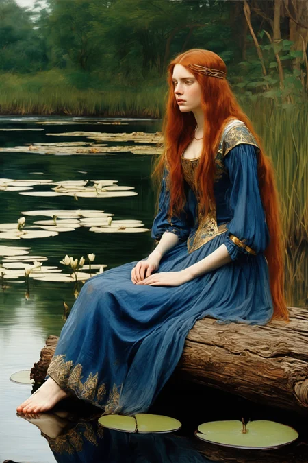 John William Waterhouse Style - a young woman with long red hair, wearing a blue medieval dress with gold embroidery trim, sitting on a log near a riverbank, sitting near a river full of lily pads
