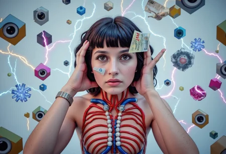 woman face foreward, showered with australian money cash currency falling in front of her face, she has a wild look in her eyes like she has just won a jackpot in a very clean white room science experiment, woman of 18 years old with brunette bangs in anervous system and veins bodysuit, curly hair sitting at a modern slot machine. She has no face and only skin for a face. She is surrounded by multi colored bolts of high intensity electricity and lightning as well as holograms of futuristic cubes projecting around the room with eyeballs inside them