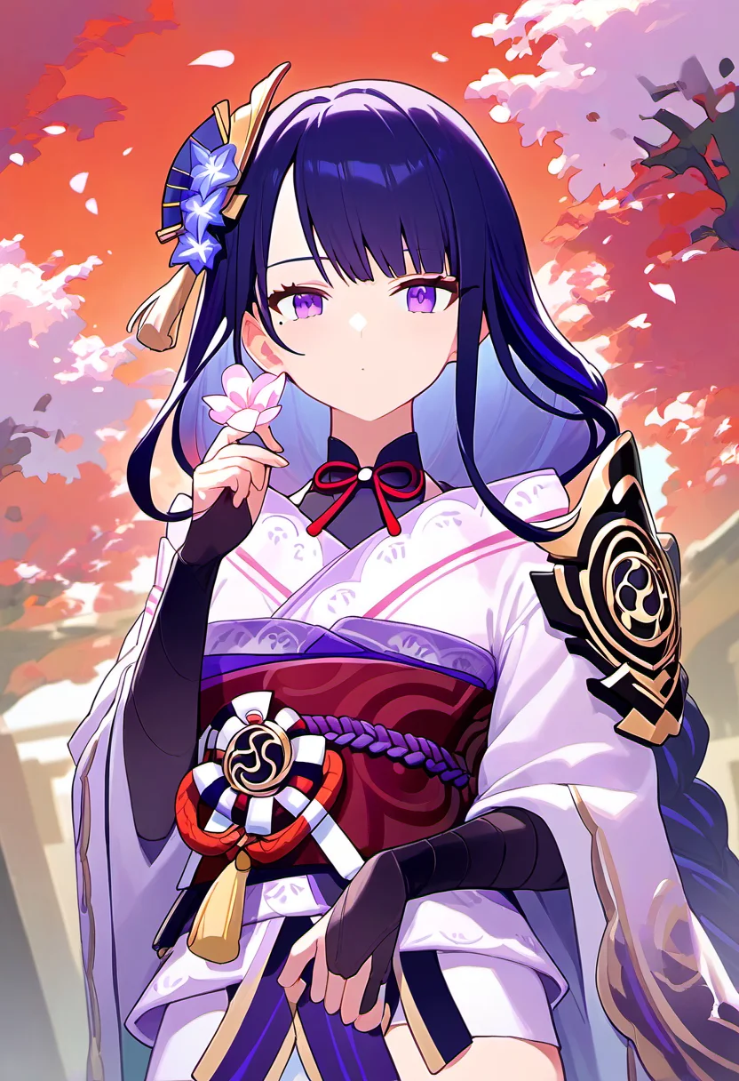 score_9,score_8_up,score_7_up, long_hair, bangs, purple_hair, hair_ornament, japanese_clothes, kimono, purple_eyes, flower, sash, braid, obi, purple_kimono, closed_mouth, raiden_shogun