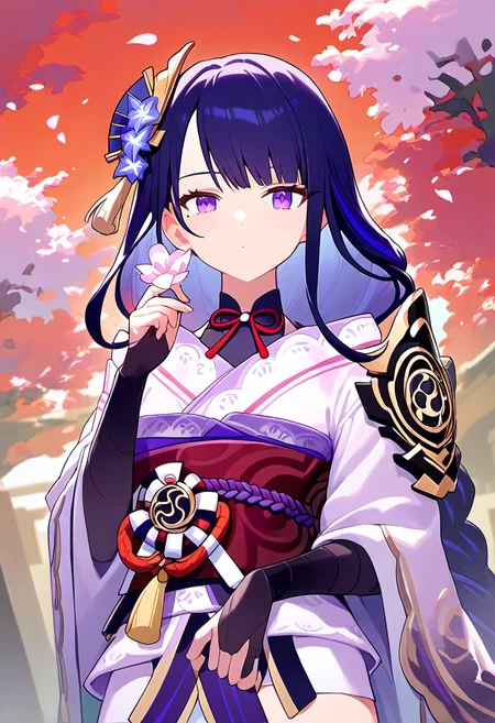 score_9,score_8_up,score_7_up, long_hair, bangs, purple_hair, hair_ornament, japanese_clothes, kimono, purple_eyes, flower, sash, braid, obi, purple_kimono, closed_mouth, raiden_shogun