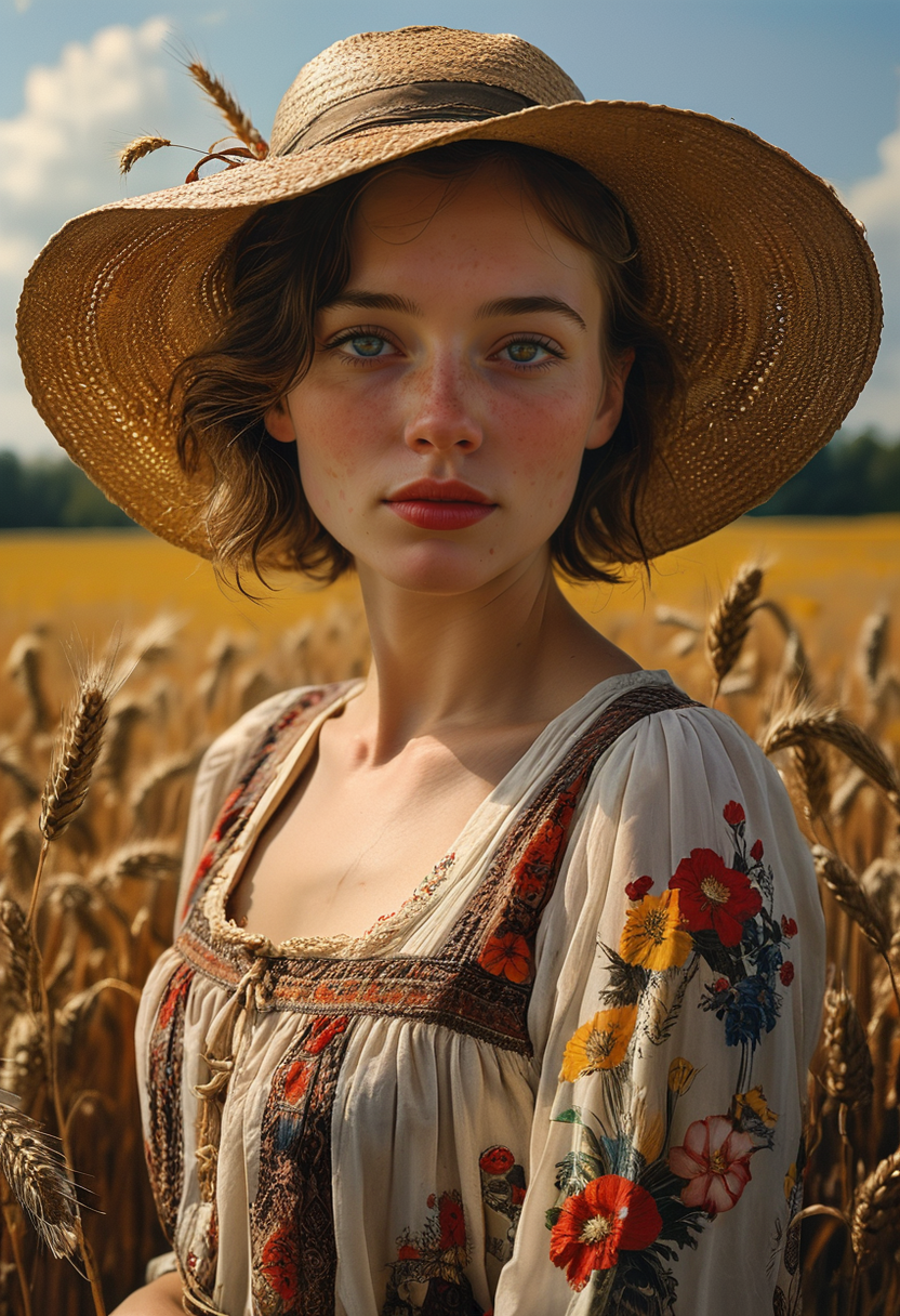 22yo Ukrainian Woman in a simple, vintage 1920s peasant dress with a playful floral pattern knee-length, paired with sturdy brown boots, posing waist-high with a joyful, carefree expression, freckles,  wheat field,  short bobbed hair under a wide-brimmed straw hat. Hyper detailed in the artistic styles of Norman Rockwell, Grant Wood, and Andrew Wyeth, captured from a front view highlighting a nostalgic and cheerful composition, playful pose, photorealistic, soft vibrant colors, ultra detailed, skin pores, sharp focus, studio photo, intricate details, highly detailed.
<lora:add-detail-xl:1>   <lora:MJ52:0.5>
