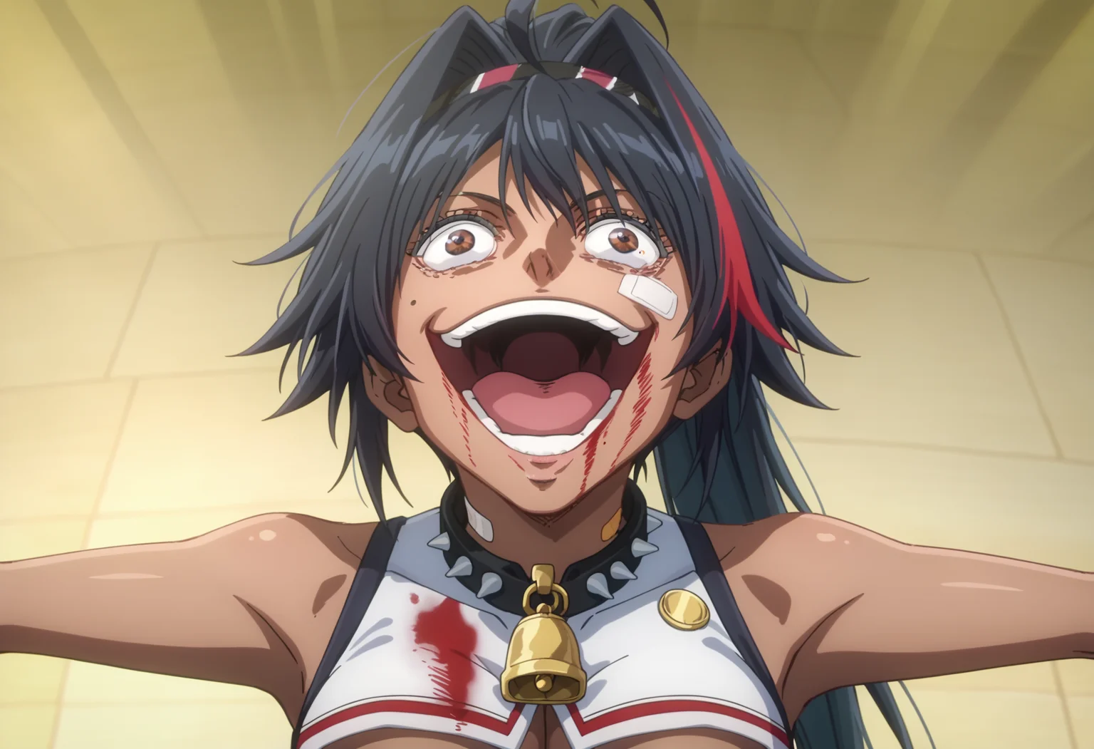 score_9, score_8_up, score_7_up, source_anime,
BREAK
<lora:shigojoenV1:1>, gojoendef, crazy eyes, crazy smile,
looking at viewer, smile, open mouth, upper body, teeth, tongue, blood, outstretched arms, blood on face, blood on clothes,
1girl, solo, anime screencap, anime coloring,
<lora:bay-nikke-richy-v1_pdxl:0.8> nikkebay, dark skin, brown eyes, black hair, ahoge, streaked hair, long hair, ponytail, hairband, hair intakes, cheerleader, crop top, large breasts, underboob, midriff, navel, spiked collar, neck bell, bandaid, mole