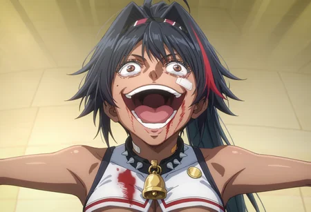 score_9, score_8_up, score_7_up, source_anime,
BREAK
<lora:shigojoenV1:1>, gojoendef, crazy eyes, crazy smile,
looking at viewer, smile, open mouth, upper body, teeth, tongue, blood, outstretched arms, blood on face, blood on clothes,
1girl, solo, anime screencap, anime coloring,
<lora:bay-nikke-richy-v1_pdxl:0.8> nikkebay, dark skin, brown eyes, black hair, ahoge, streaked hair, long hair, ponytail, hairband, hair intakes, cheerleader, crop top, large breasts, underboob, midriff, navel, spiked collar, neck bell, bandaid, mole