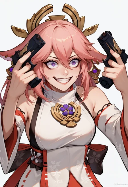 score_9, score_8_up, score_7_up, 1girl, handgun, holding gun, holding weapon, dual wielding, smile, grin, finger on trigger, crazy eyes <lora:DanielRadcliffeHoldingTwoGunsMeme_pdxl_Incrs_v1:1>, yae miko,