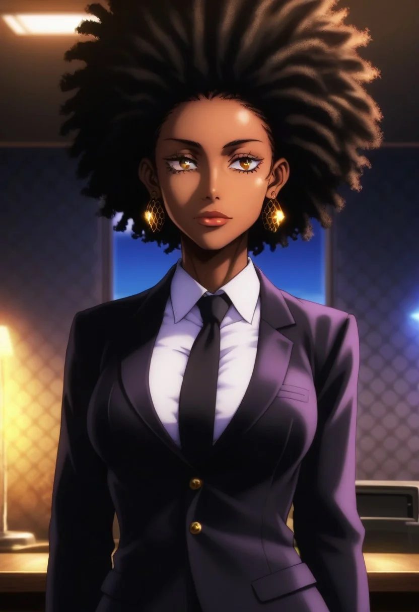 score_9, score_8_up, score_7_up, source_anime, intricate details, expressive eyes, anime screencap, perfect balance, official art, extremely detailed CG unity 8k wallpaper, perfect lighting, Colorful, Bright_Front_face_Lighting, (masterpiece:1.0),(best_quality:1.0), ultra high res,4K,ultra-detailed, photography, 8K, HDR, highres, absurdres:1.2, Kodak portra 400, blurry background, bokeh, lens flare, (Anime) (vibrant_color:1.2), professional photograph, night, (beautiful_face:1.2), 2d, anime, upper body, intricate iris, American, Professional character design, 1girl, female focus, (vibrant Golden eyes), perfect eyes, (black hair), Afro, Afro hair, Massive Afro, Afro-bangs, (Disco-Fashion), white dress shirt, Black suit jacket, Black tie, feminine, solo, jujutsu_kaisen_style, character portrait, (Dramatic, Intense, epic, perfect-lighting, lens flare), face, torso, (Honeycomb backdrop), (Honeycomb pattern), (Office, Administration, Bureau, Desk), (African American, Black Skin) (Honeycomb, Bees, Honey), (large round afro), (Golden Honeycomb Earrings), african, (Friendly, Charming), (Dark Black skin), Afro, Long Afro-bangs, Long Afro, Black Skin, Dark-Black Skin, Busty, Thick Full Bangs, (Dark Black skin)