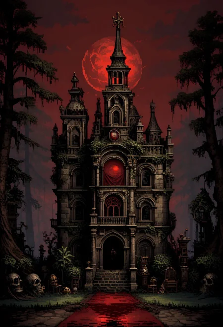 score_9, score_8_up, score_7_up, yamer_pixel_fusion, pixel art, victorian london, overgrown cathedral,bloodborne inspired atmospher,cinematic atmosphere,red moon ,  ,gothic atmosphere ,dark fantasy ,detailed envoirement,trees with face , cthullu,victorian aesthetic, ancient, toxic, hyper-detailed, d3p1x3l, pixel art