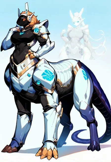 score_9, score_8_up, score_7_up, score_6_up, score_5_up, score_4_up, 1girl, synth, female synth, curvy body, taur, taur body, long body, big body, four legs, taur dragon lower body, dragon taur, detail body, muscular body, detail muscles, big body taur, taur details, mecha body, armor mecha, mecha armor, detailed, reactor in the breat, glow leds, neon details, protogen visor face, detail synth, synth taur, mecha protogen, glowing eyes, pointy ears, large breasts, shoulder armor, smile, looking at viewer, tail, mecha body, robotic body, shiny blue leds, black detail body, red detail armor, golden details, reactor in the belly, detail reactor, taur, synth taur, golden details, white claws, more details, quadrupede, big legs, long legs, big body taur part, large body,