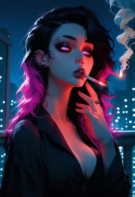crisp image, score_9, score_8_up, score_7_up, 1girl, ((1 adorable and cute sexy goth slut)), BlackRose, Goth, cute and sexy face, purple irises, purple pupils, sexy girl, shorter girl, half black hair, half pink highlights in hair, casual loose clothing, baggy clothes, at home clothes, pajamas, beautiful face, long hair, light skin, perky breasts, melancholy look, regretful look, blowing smoke, 
detailed dark background, balcony, evening, image, night time, city lights in background, on balcony, high up in apartment,
smoking on balcony, looking out to the city, leaning over railing, elbows on railing, body half bent, holding cigarette in hand, cigarette in between index and middle fingers, reading a book, reading on the balcony,