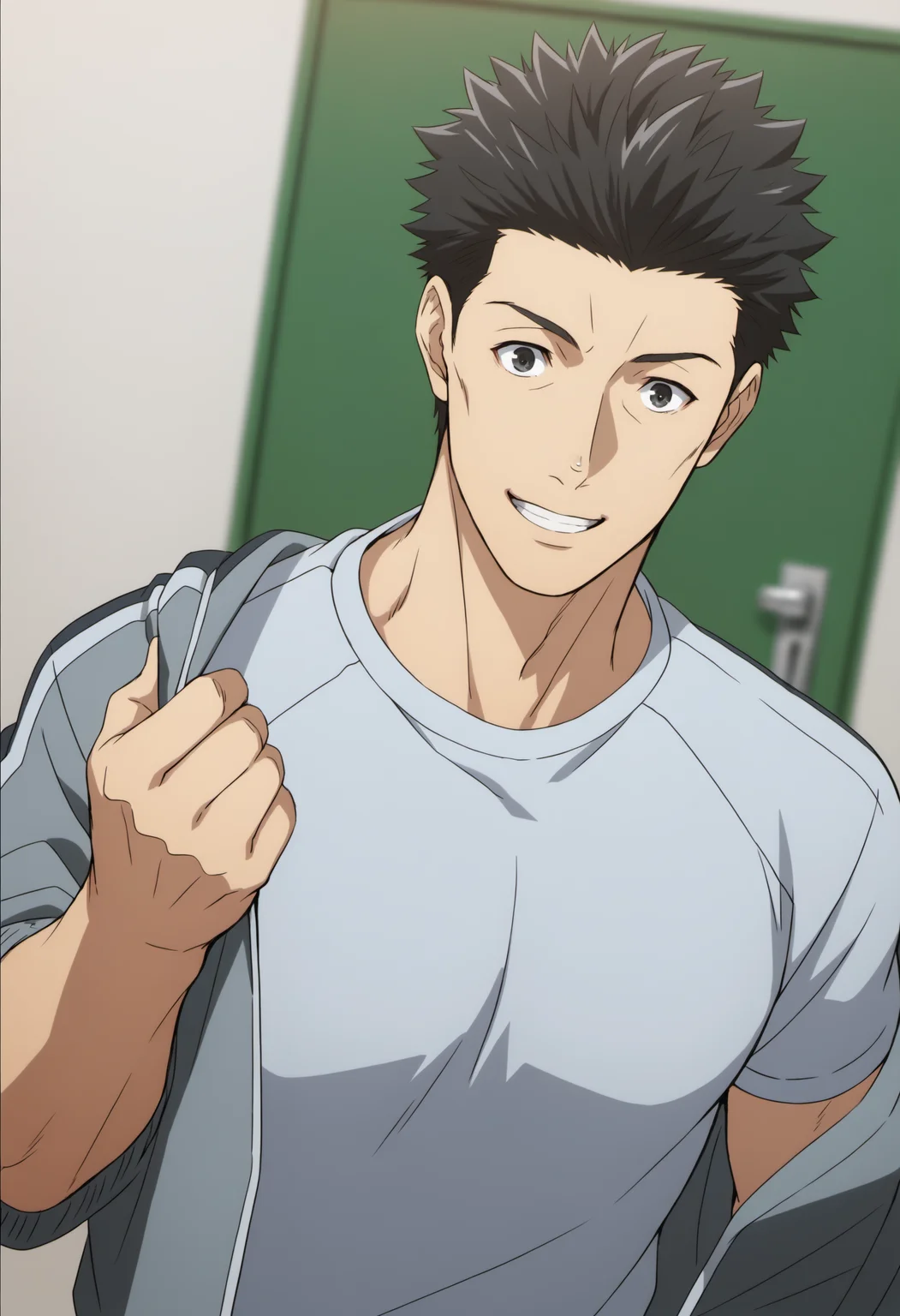 1boy, ooiwa_Iseleve, black eyes, black hair, spiked hair, (((tight white t-shirt))), light blue sport jacket, roll up sleeves, (((open_jacket))), sport pants, score_8_up, score_7_up, score_6_up, score_9, manly, muscle, middle age man, a muscular man at entrance of home, centered, looking at viewer, (detailed eyes), 8k uhd, high quality, anime color, cinematic angle, front view, simle, pull off jacket, door background, smile