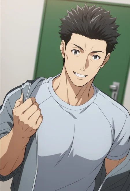 1boy, ooiwa_Iseleve, black eyes, black hair, spiked hair, (((tight white t-shirt))), light blue sport jacket, roll up sleeves, (((open_jacket))), sport pants, score_8_up, score_7_up, score_6_up, score_9, manly, muscle, middle age man, a muscular man at entrance of home, centered, looking at viewer, (detailed eyes), 8k uhd, high quality, anime color, cinematic angle, front view, simle, pull off jacket, door background, smile