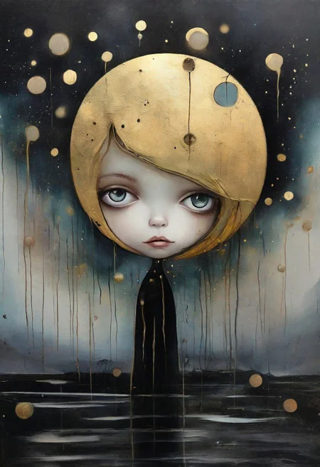 surreal  landscape  wet oil and alcohol ink, thin black and gold lines, 3-D, textured, centered, delicate, fantasy, magical, mystical, fragile. a young girl who gazes at the starlit sky ,and the moon, complementary colors, fantasy concept art,wet oil and alcohol ink, thin black and gold lines, 3-D, textured, centered, delicate, fantasy, magical, mystical, fragile." style  like  lowbrowart   8k