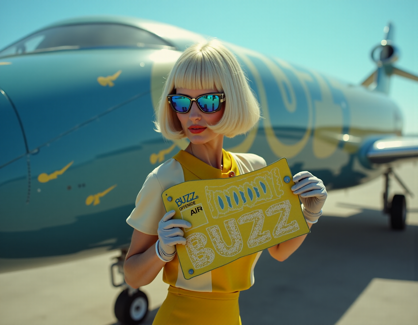 A stewardess in classic and very stylish uniform of the airline "BUZZ AIR" poses in front of a expensive learjet with shiny blue and yellow design. The name of the airline "BUZZ AIR" is prominently written on the plane. The nordic pale stewardess from Finland holds a large golden ticket with the text "1000 BUZZ". The ticket is full of icons in the form of lightnings. Her uniform from the 1970s is in blue and yellow styled in abstract lightning forms. Her outfit includes a tight pencil skirt, blouse and gloves. She is white blonde with a cool bob cut haircut with straight bangs underlining her elegant appearance. She wears classic mirror blue aviator sunglasses completing her stylish look. Cinematic low-angle shot during a sunny day and masterpiece photograph. The airline and its name "BUZZ AIR" is the main focus.