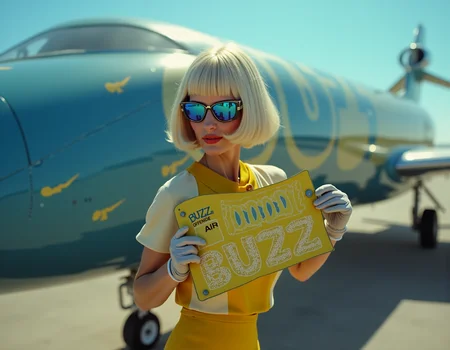 A stewardess in classic and very stylish uniform of the airline "BUZZ AIR" poses in front of a expensive learjet with shiny blue and yellow design. The name of the airline "BUZZ AIR" is prominently written on the plane. The nordic pale stewardess from Finland holds a large golden ticket with the text "1000 BUZZ". The ticket is full of icons in the form of lightnings. Her uniform from the 1970s is in blue and yellow styled in abstract lightning forms. Her outfit includes a tight pencil skirt, blouse and gloves. She is white blonde with a cool bob cut haircut with straight bangs underlining her elegant appearance. She wears classic mirror blue aviator sunglasses completing her stylish look. Cinematic low-angle shot during a sunny day and masterpiece photograph. The airline and its name "BUZZ AIR" is the main focus.