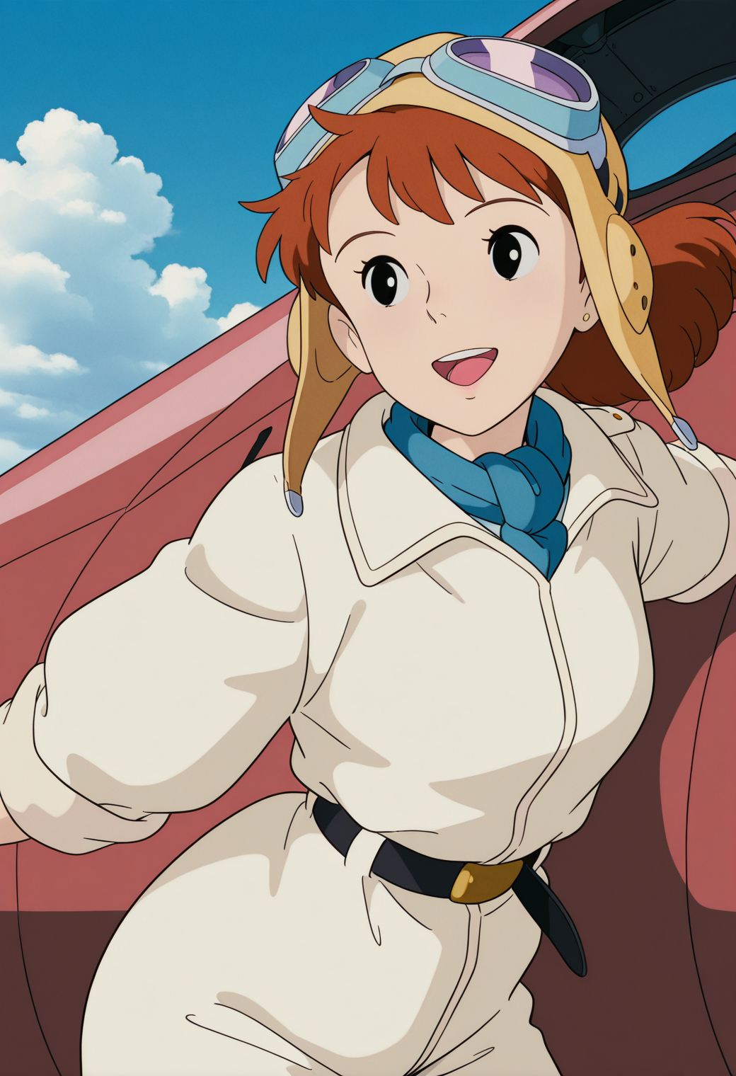 masterpiece, best quality, very aesthetic, absurdres, 1girl, solo,
<lora:fio_piccolo_v01:0.9>, fio_piccolo, fio_pilot, brown hair, ponytail, black eyes,
goggles on head, aviator cap, blue scarf, jumpsuit, long sleeves, sleeves rolled up, black belt, smile, open mouth, posing, upper body, blue sky