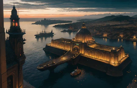 (Masterpiece), artwork, moebius steampunk, a picture of a huge lively babylonian port, in the background a beautifull city in a hilly landscape, domes and temples dominating the skyline, flying steampunk airships in a clouded sky, in the harbour steampunk-cruiser arriving and leaving, the harbour entrance is guarded by the statue of a colossus, best quality, ultra high res, cinematic lighting, dramatic lighting, glorious, imperious, fantastic, spectacular, dslr, ultra quality, sharp focus, tack sharp, dof, film grain, technicolor, Fujifilm XT3, photorealistic, 8K UHD <lora:Don_Lawrence_Storm_v1:0.6>, dlstormstyle, <lora:Moebius:0.9> <lora:Nouveau_last:0.6>, art nouveau Style,