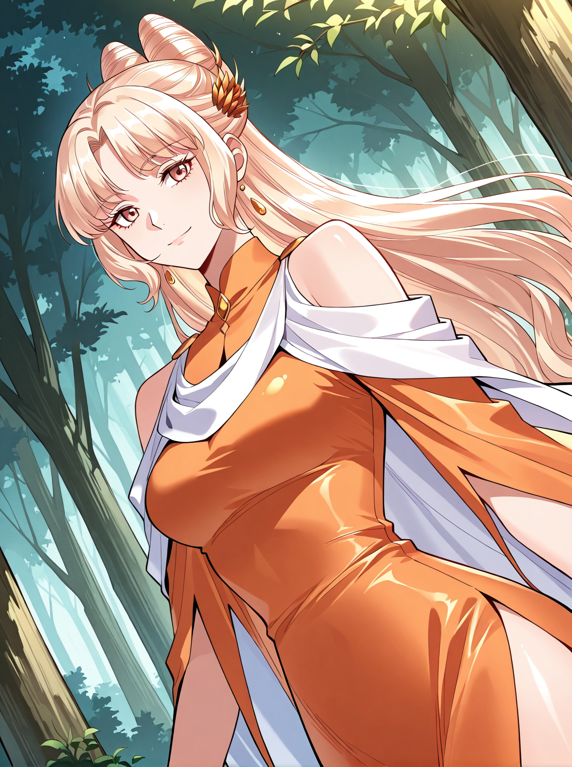 <lora:Jiang_Luoshen__I_am_the_Fated_Villain__Illustrious:1>
1 girl, solo, brown eyes, blonde hair, long hair, hair bun, bangs
long dress, earrings, orange dress, jewelry, White cape, side slit, hair ornament, bare shoulders
score_9, score_8_up, score_7_up, very aesthetic, source_anime, detailed, high quality, beautiful, masterpiece, detailed eyes, forest, tree, ruins, cowboy shot, dynamic angle, upper body, light smile, dynamic pose