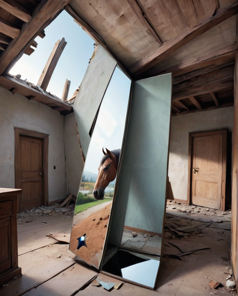 drawing, illustration,  otclillsn a strange and impossible to solve horse puzzle is confused by a broken mirror 454.78 degree upside down inside a skewed house, baffling (optical illusion:1.2), disorienting angle, surreal,  <lora:- SDXL - otclillsn_impossible_geo_V1.0:0.9>