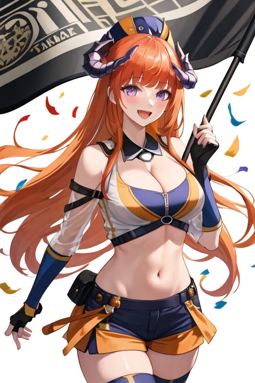best quality, masterpiece, highres, solo, {bagpipe_arknights:1.15}, horns, long_hair, bangs, orange_hair, smile, purple_eyes, dragon_horns, upper_body, very_long_hair, breasts, open_mouth, blush, large_breasts, 1girl, bare_shoulders, black_gloves, cleavage, clothing_cutout, crop_top, fingerless_gloves, flag, gloves, hat, holding, looking_at_viewer, micro_shorts, midriff, navel, official_alternate_costume, pouch, race_queen, short_shorts, shorts, showgirl_skirt, stomach, thighhighs, thighs, :d, blue_shorts, cowboy_shot, holding_flag, shoulder_cutout, standing, thigh_strap, blue_thighhighs, checkered_flag, confetti, see-through, white_background