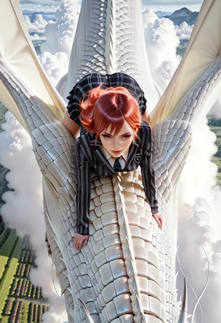 mythp0rt, aidmaimageupgrader, masterpiece, best quality, highres, absurdres, anime, closeup, 1girl, happy waifu, sg lingerie, striped jacket, necktie, plaid skirt, riding white dragon, flying through clouds, birds-eye view of countryside below, amazing quality, intricate detail, highly detailed