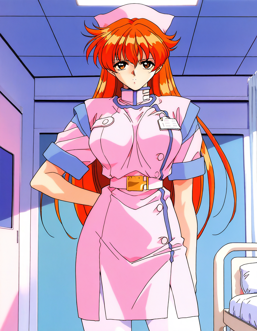 masterpiece, best quality, good quality, <lora:Nogiwa_Miho_OVA_IS:1>
Nogiwa_Miho_OVA, long hair, orange hair, bangs, brown eyes, large breasts, 1990s (style) 1girl, solo, nurse, hat, pantyhose, nurse cap, serious,  cross arm,
hospital room, looking at viewer, white pantyhose, belt, short sleeves,