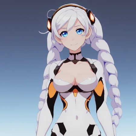1girl,solo,breasts,kiana kaslana,twin braids,gloves,smile,blue_eyes,small nose,smirk,colorful,white_comet_bodysuit,standing,holding_breath,rim light,Cinematic Lighting,<lora:kiana kaslana white comet v2:0.6>,