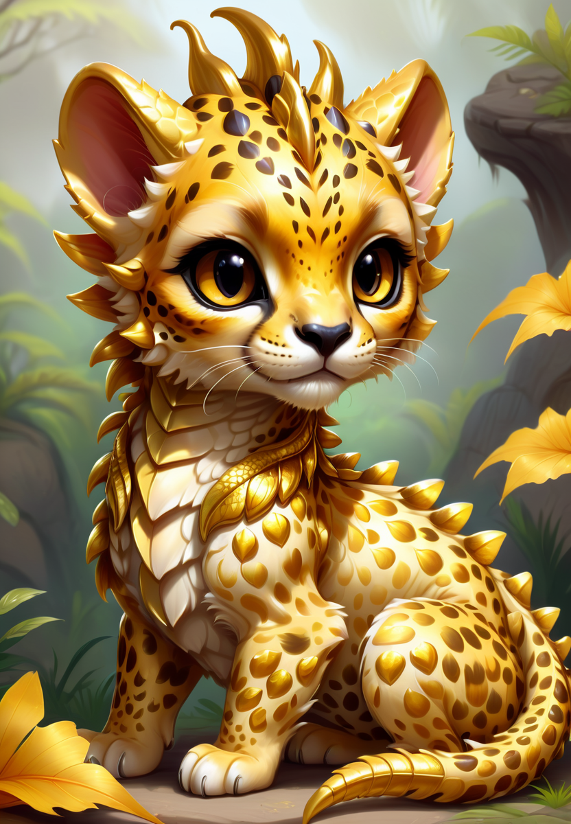 concept art, creature art, kawaii, adorable, cute, concept art, fantasy  cheetah and dragon hybrid cub, golden dragon scales