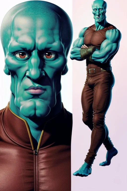 fistnorthstar, handsome-squidward, blue skin, pink lips, brown clothes, (extremely detailed), <lora:FistNorthStar:0.85>  <lora:handsome-squidward:0.8>