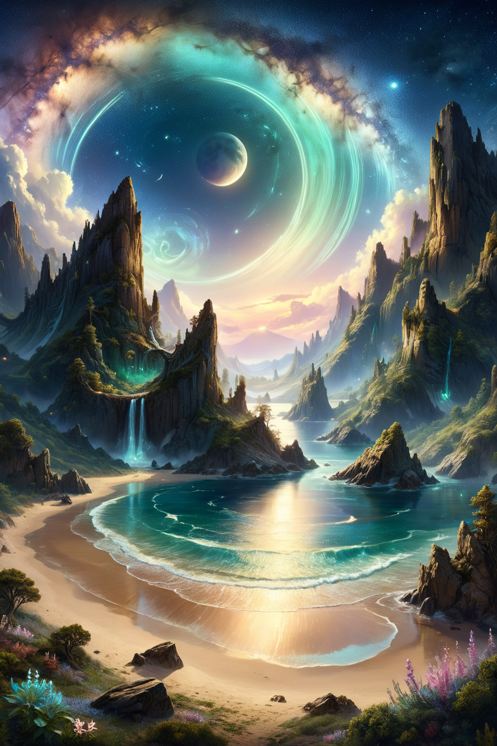 In this mythical night scene viewed from high above, the panorama unfolds with breathtaking grandeur. A majestic planet hangs like a luminescent jewel in the cosmic tapestry, its rings shimmering with ethereal beauty. Nebulous star clusters form swirling galaxies, their cosmic dance painting the heavens with hues of celestial wonder. A celestial ballet of shooting stars streaks across the firmament, leaving ephemeral trails of stardust in their wake. The atmosphere is alive with an aurora of shimmering colors, weaving ribbons of light through the velvety darkness.
Fantastical clouds, resembling enchanted creatures from ancient myths, drift gracefully across the night sky, their billowing forms illuminated by the soft glow of distant stars. Below, the tranquil sea glimmers under the moon's silvery embrace, its surface a mirror reflecting the luminous spectacle above. Waves gently lap against the shores, adding a soothing rhythm to the symphony of celestial beauty. This mythical night scene transports observers to a realm where imagination and reality merge in a breathtaking display of cosmic artistry.
<lora:add-detail-xl:0.85>,
<lora:EnvyBetterHiresFixXL01:1.0>,
<lora:extremely_detailed:1.0>, extremely detailed,   
<lora:ral-fntsyrlms-sdxl:0.8> ral-fntsyrlms,