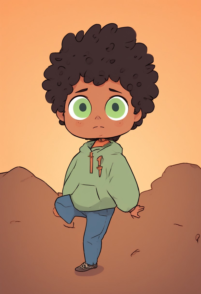 max (camp camp), 1boy, solo, human, male focus, curly black hair, curly tousled black hair, afro, dark skin, dark-skinned male,  large eyes, round eyes, green eyes,small nose, triangular nose, pointed nose,, ng_deepnegative_v1_75t, By bad artist , bad_pictures, fcNeg, chibi, max (camp camp)