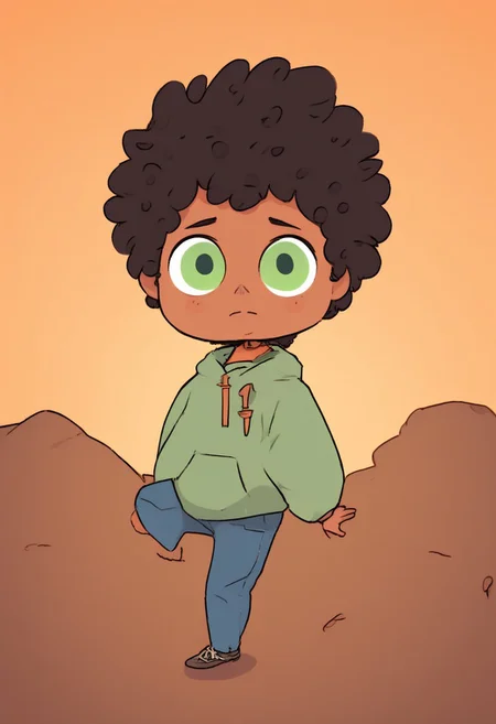 max (camp camp), 1boy, solo, human, male focus, curly black hair, curly tousled black hair, afro, dark skin, dark-skinned male, large eyes, round eyes, green eyes,small nose, triangular nose, pointed nose,, ng_deepnegative_v1_75t, By bad artist , bad_pictures, fcNeg, chibi, max (camp camp)