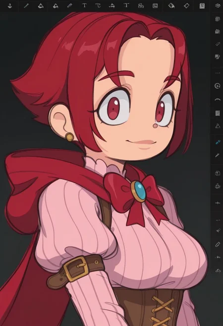 sslt,

1girl, solo, sidelocks, smile, lips, earrings, jewelry, breasts, upper body, red hair, short hair, red eyes, parted bangs, closed mouth, medium breasts, red bow, red cape, red bowtie, pink dress, brown corset, brown gloves, looking at viewer, hood, bow, hood down, long sleeves, corset, bowtie, brooch, dress, puffy sleeves, juliet sleeves, ribbed dress, arm belt, belt buckle, frilled sleeves, high collar, gloves, elbow gloves, underbust